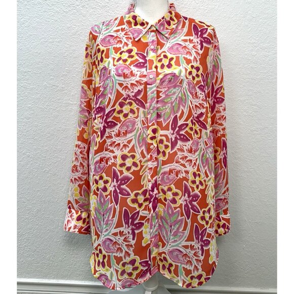Chaps Tops - CHAPS Womens 2X Orange/Pink Floral Sheer Silky L/S Button-Up BLOUSE Shirt Bright